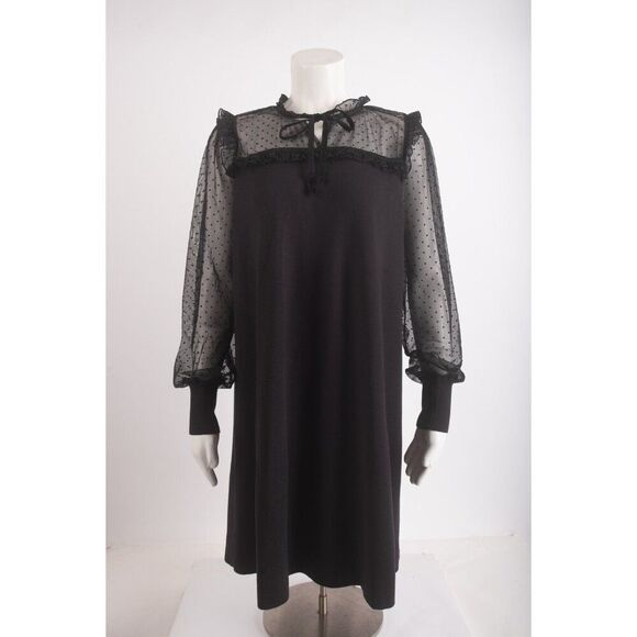 LOFT ann taylor Womens Shift Dress Size L Black Stretch Dotted Swiss Sleeves NWT - Picture 1 of 6